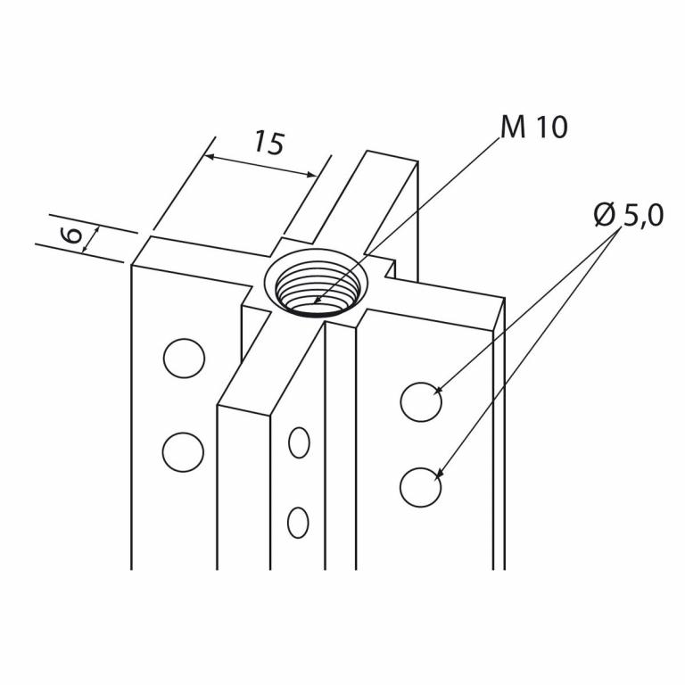Flexi-Long Stangenprofil mit einseitigem Gewinde M10 und 8 Bohrungen auf der Gewindeseite